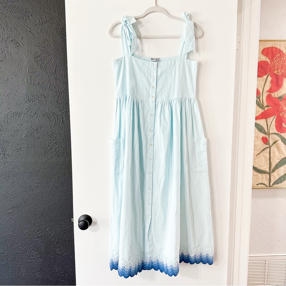 Juliet Dunn Tie Shoulder Dress Midi Tonal Cotton Ric Rac Blue Size Medium - Picture 3 of 9